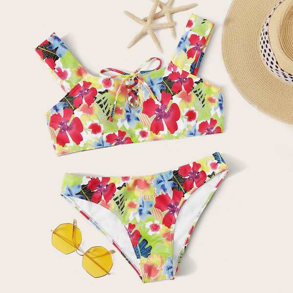 

Floral Random Print Lace-up Front Bikini Set, Multicolor