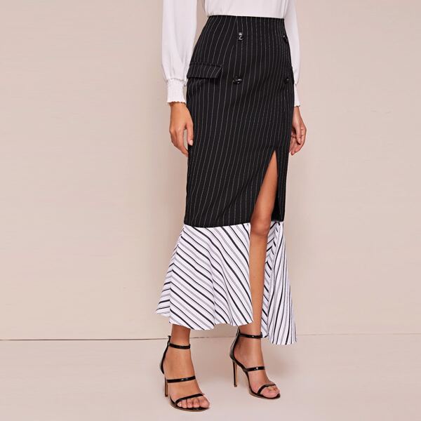 

Split Thigh Contrast Fishtail Striped Skirt, Black and white