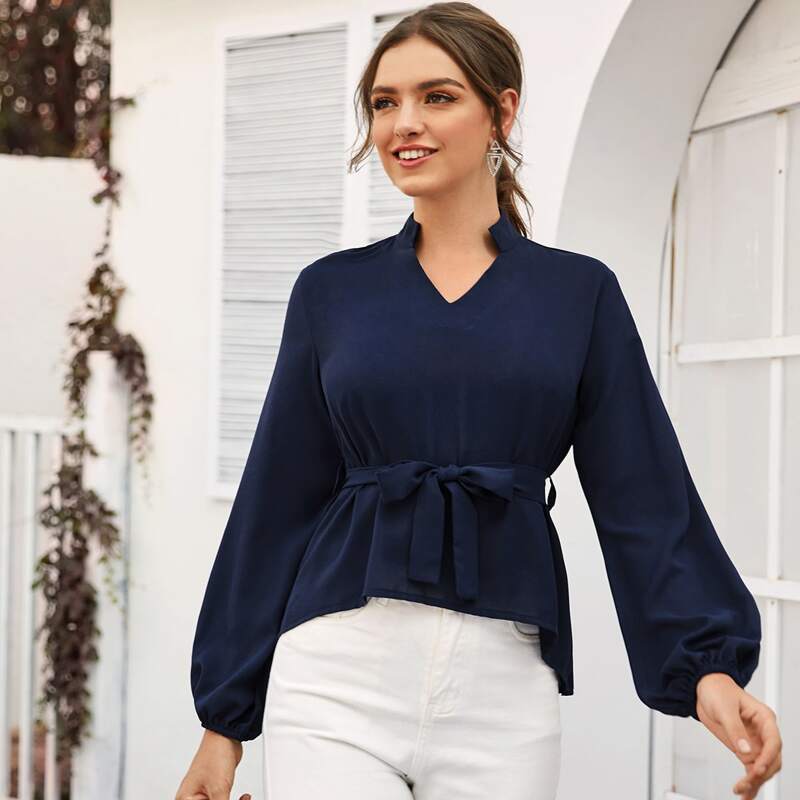 

Self Tie Notched Collar Blouse, Navy blue