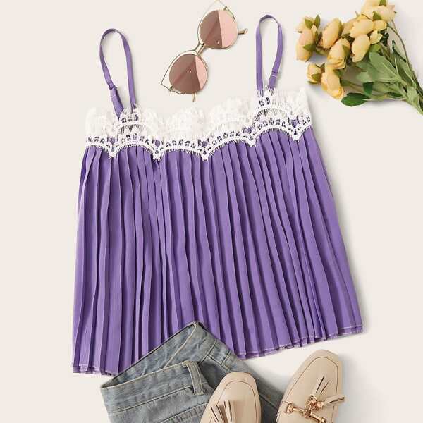 

фиолетовый плиссированное Контрастные Повседневный Майка, Пурпурный