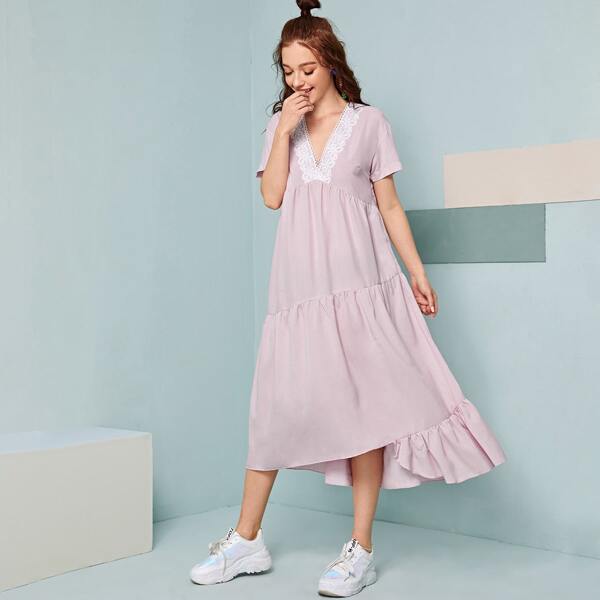 

Lace Panel Asymmetrical Hem Smock Dress, Pink