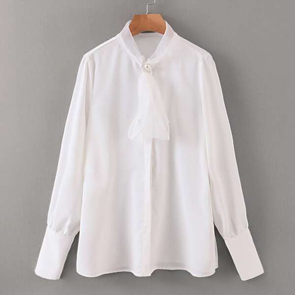 

Contrast Mesh Tie Neck Blouse, White