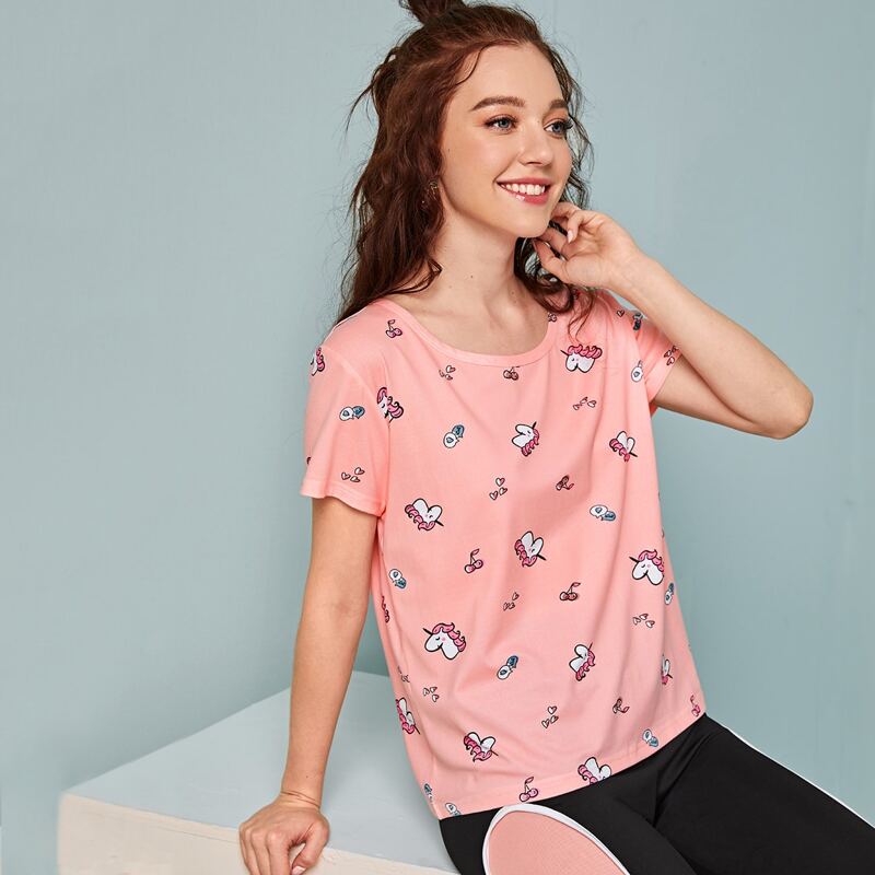 

Unicorn Print Round Neck Tee, Coral pink