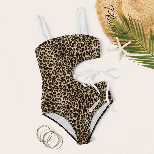 

Leopard Tie Waist One Piece Swimwear, Multicolor