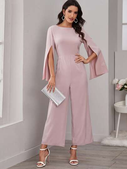 Solid Split Sleeve Wide Leg Jumpsuit
