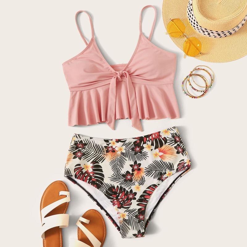 

Tropical Knot Front Ruffle Hem High Waisted Bikini Swimsuit, Multicolor