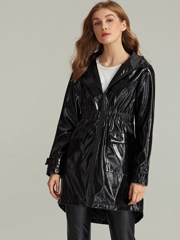 

High Low Hem Zip Up Hooded Faux Patent Coat, Black, Varvara P