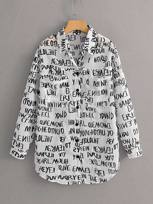 

Letter Graphic Curved Hem Blouse, Black and white