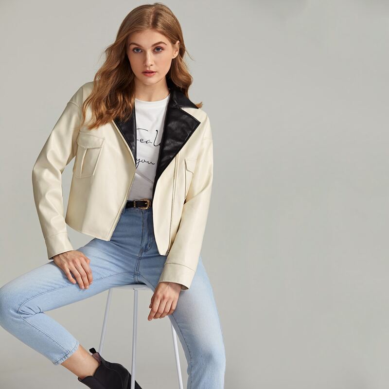 

Contrast Lapel Collar Flap Pocket PU Jacket, Beige