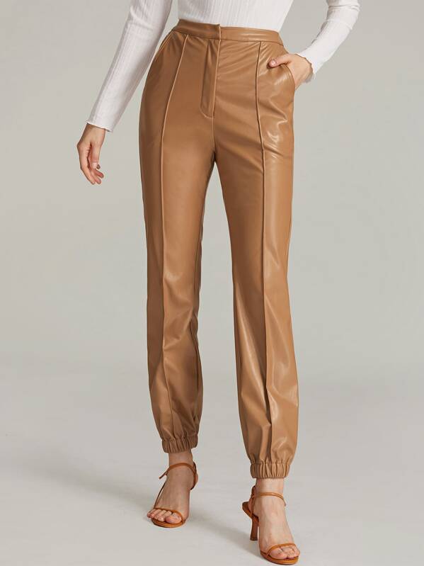 

Elastic Hem Seam Front Faux Leather Pants, Camel, Varvara P