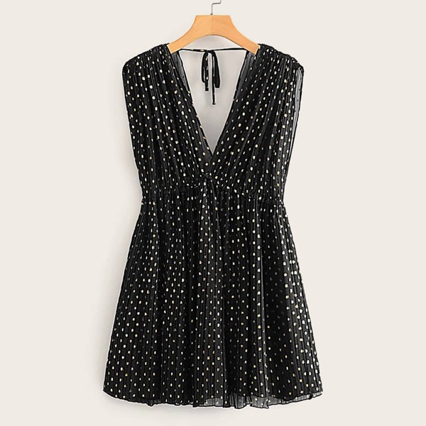 

Polka Dot Print Deep V-Neck Pleated Dress, Black