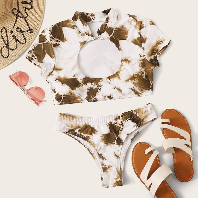 

Cut-out Short Sleeve High Cut Bikini Swimsuit, Multicolor