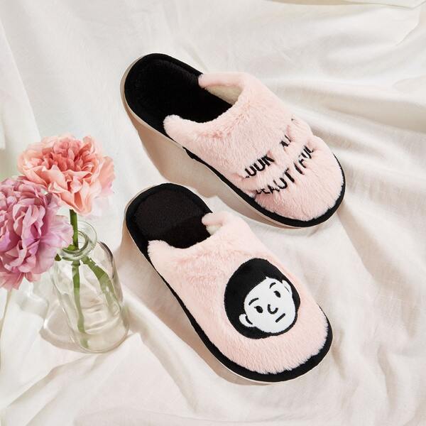 

Figure & Letter Embroidered Fluffy Slippers, Pink
