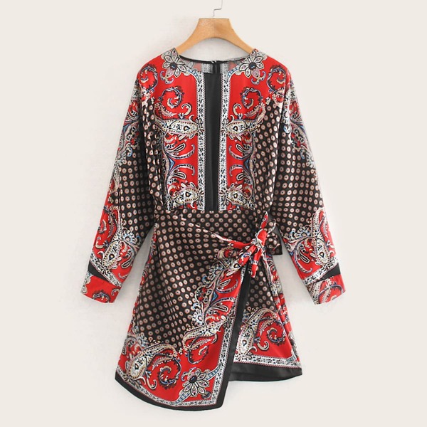 

Scarf Print Tie Wrap Dress, Multicolor