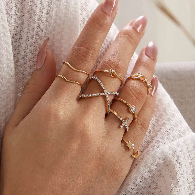 

8pcs Rhinestone & Knot Decor Ring, Gold