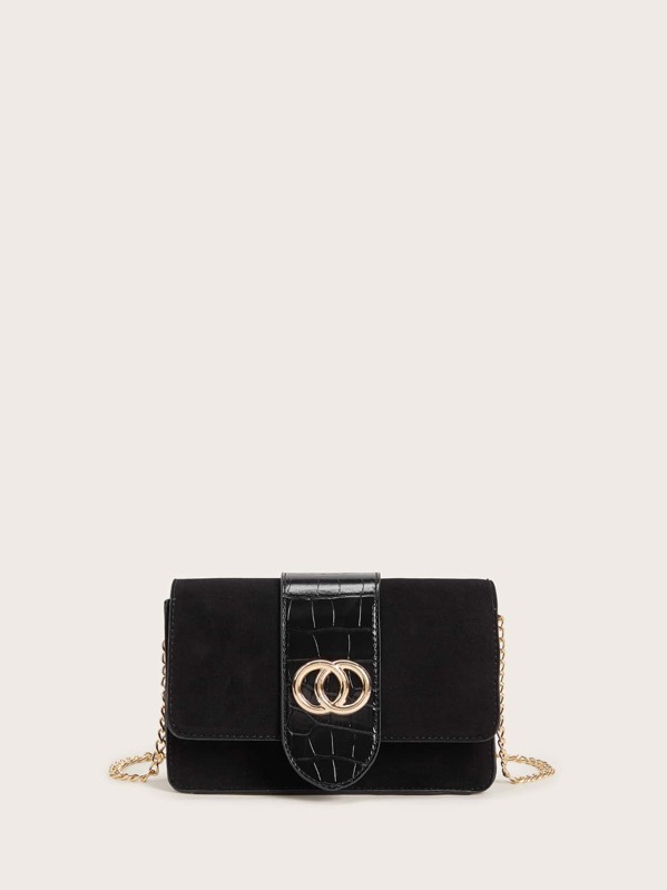 

Metal Ring Decor Croc Embossed Chain Bag, Black