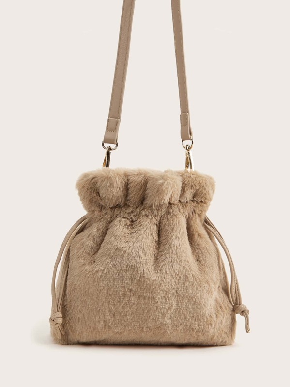

Fluffy Crossbody Bag With Drawstring, Khaki