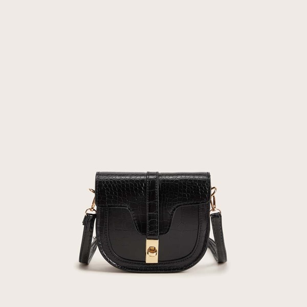 

Twist Lock Croc Embossed Saddle Bag, Black