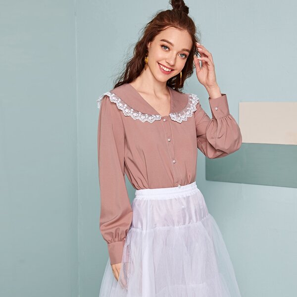

Contrast Lace Peter Pan Collar Blouse, Pink