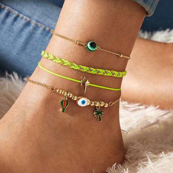 

4pcs Eye & Coconut Tree Charm Anklet Set, Multicolor