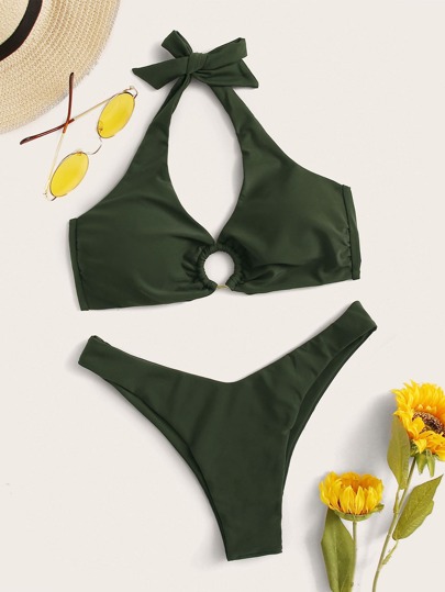 Ring Linked Halter Top With High Cut Bikini Set