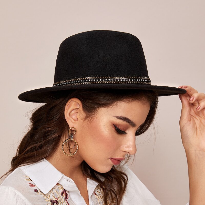 

Rhinestone Engraved Chain Decor Fedora Hat, Black