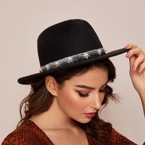 

Rhinestone Engraved Faux Pearl Decor Fedora Hat, Black