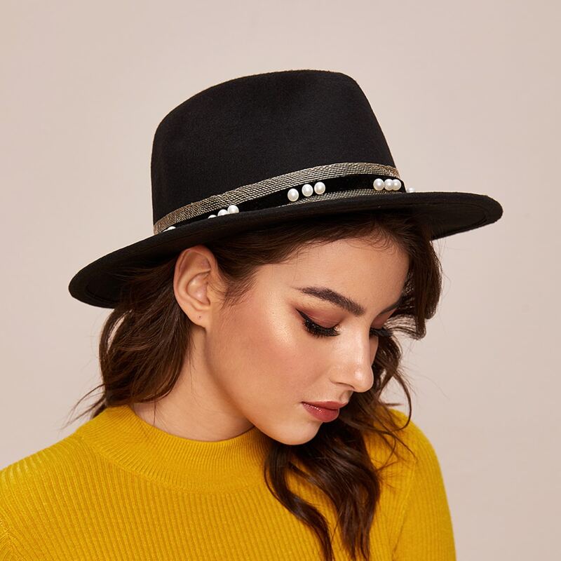 

Faux Pearl Decor Fedora Hat, Black
