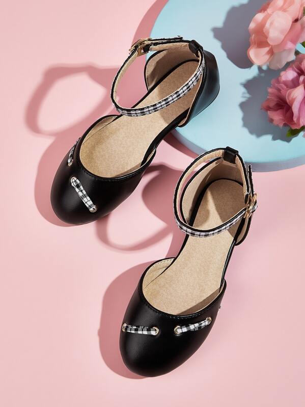 

Toddler Girls Gingham Detail Ankle Strap Flats, Black