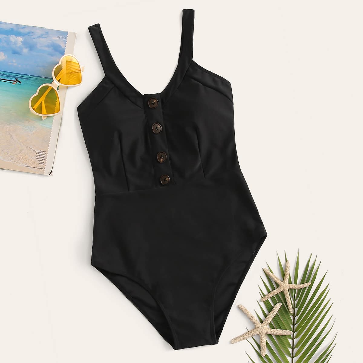 

Button Front One Piece Swimwear, Black