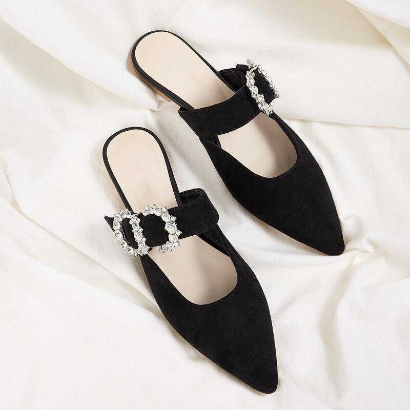 

Rhinestone Decor Point Toe Flat Mules, Black