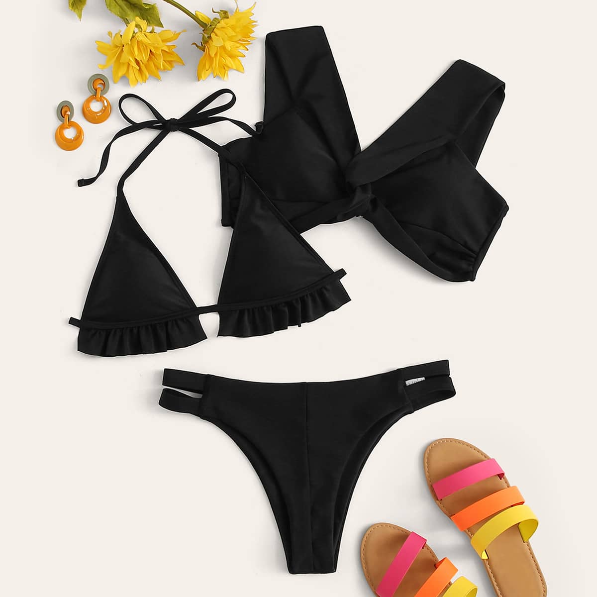 

3Pack Twist Frill Triangle Halter Bikini Swimsuit, Black