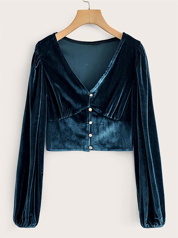 

V-Neck Button Front Velvet Crop Tee, Navy