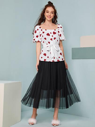 Heart Print Button Through Belted Blouse