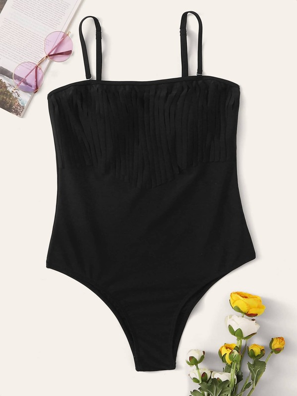 

Fringe Trim One Piece Swimwear, Black