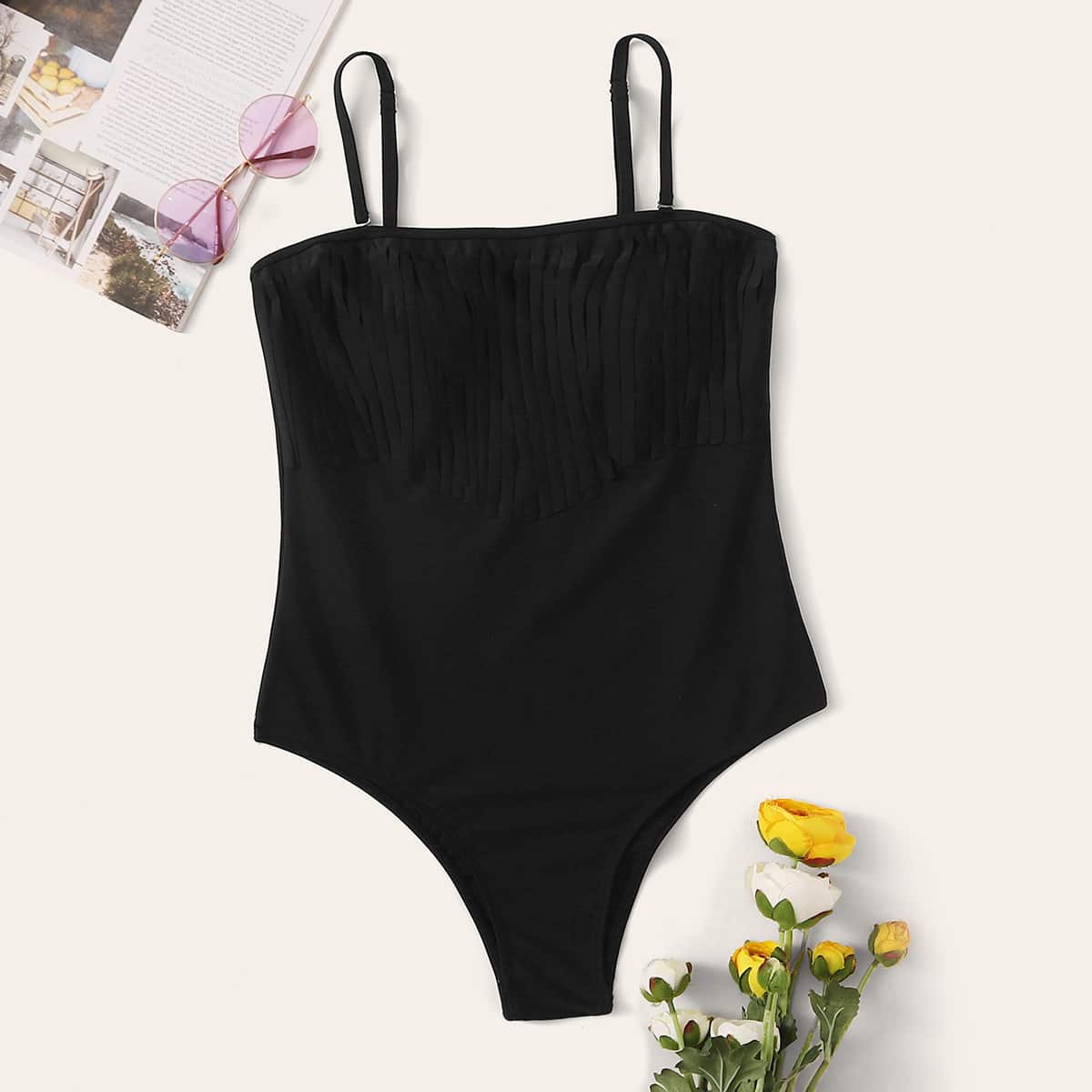 

Fringe Trim One Piece Swimwear, Black