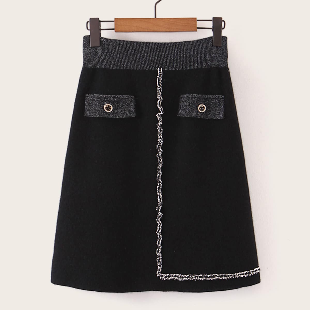 

Contrast Panel Pocket Front Sweater Skirt, Black