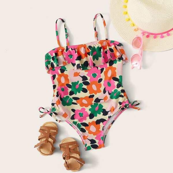 

Girls Floral Ruffle Trim One Piece Swimwear, Multicolor