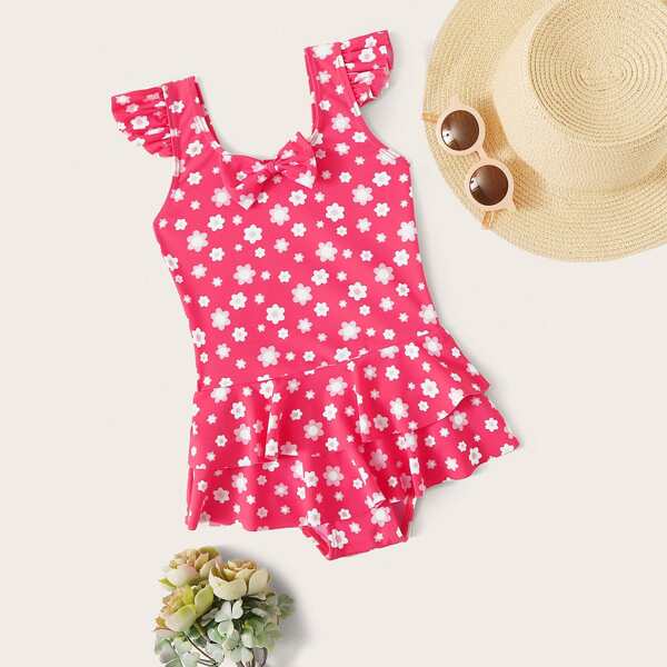 

Toddler Girls Floral Random Print Tiered Layer One Piece Swimwear, Pink