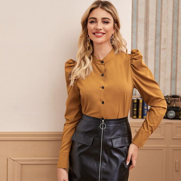 

Puff Sleeve Stand Collar Button Up Blouse, Camel