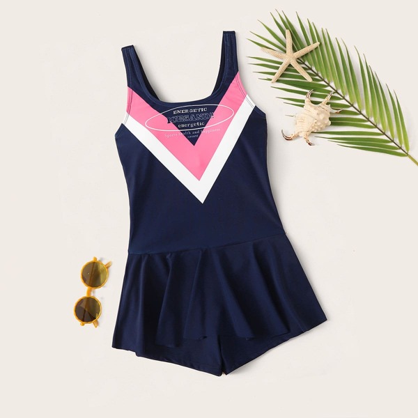 

Girls Striped Peplum One Piece Swimwear, Navy