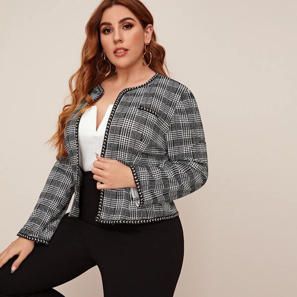 

Plus Plaid Open Front Jacket, Grey