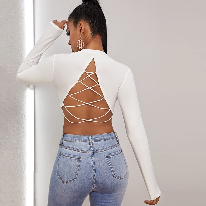 

Open Back Criss Cross Crop Tee, White