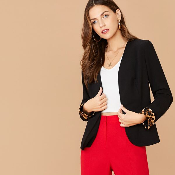 

Open Front Leopard Cuff Blazer, Black