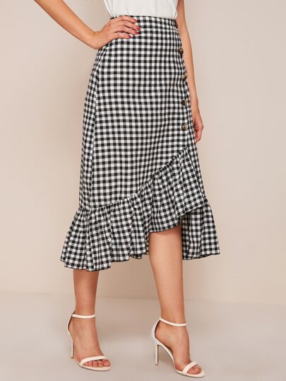 SHEIN Button Detail Asymmetrical Ruffle Hem Gingham Skirt
