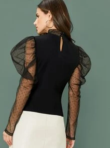 SHEIN Dobby Mesh Panel Leg-of-mutton Sleeve Top - Black - View 2