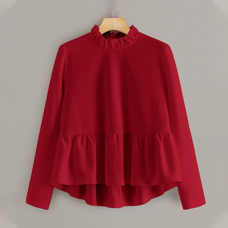 

Frill Neck Peplum Top, Red bright