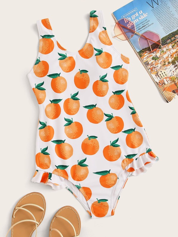 

Girls Orange Random Print One Piece Swimwear