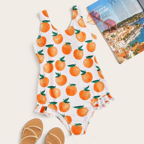

Girls Orange Random Print One Piece Swimwear