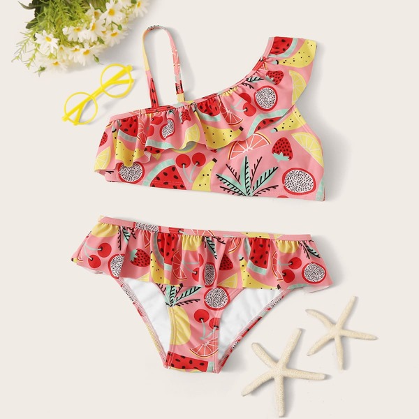 

Girls Fruit Random Print Ruffle Bikini Set, Pink